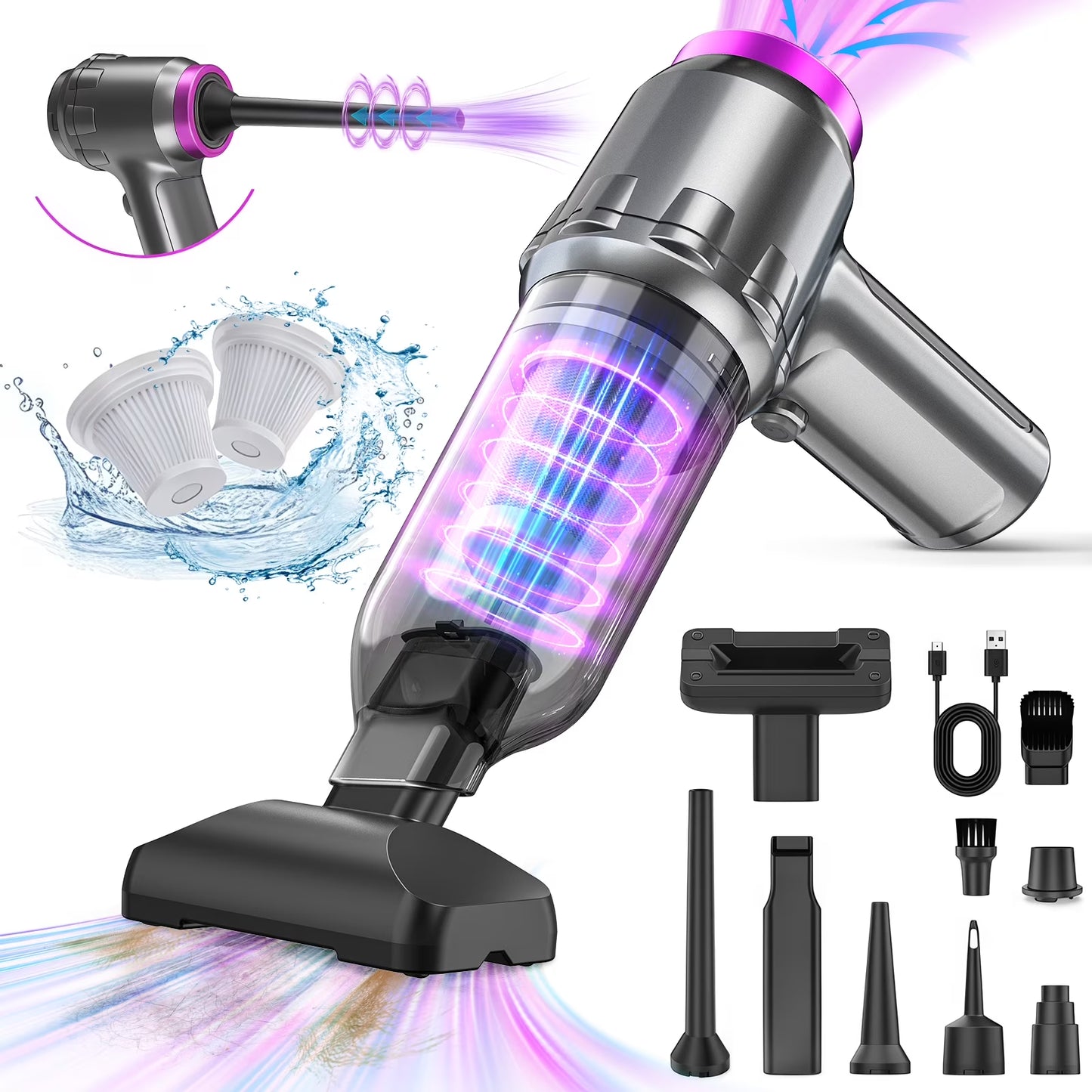 Car Vacuum Cleaner, 16000PA Portable Handheld Vacuum Cordless, with Brushless Motor, Grey