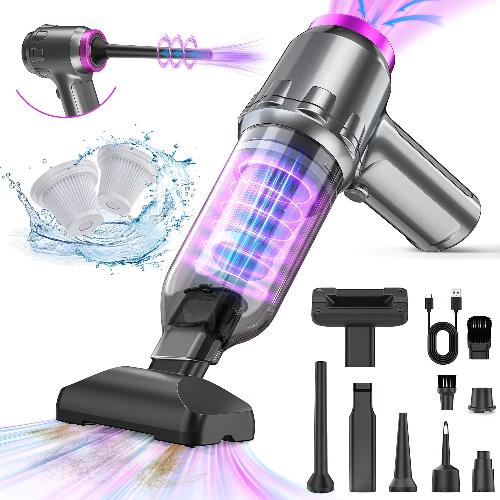 Car Vacuum Cleaner, 16000PA Portable Handheld Vacuum Cordless, with Brushless Motor, Grey