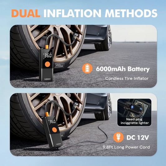 Tire Inflator Portable Air Compressor, Air Pump for Car Tires 150PSI Cordless with Battery and 12V DC, Electric Bike Pump with Pressure Gauge, Auto Shutoff
