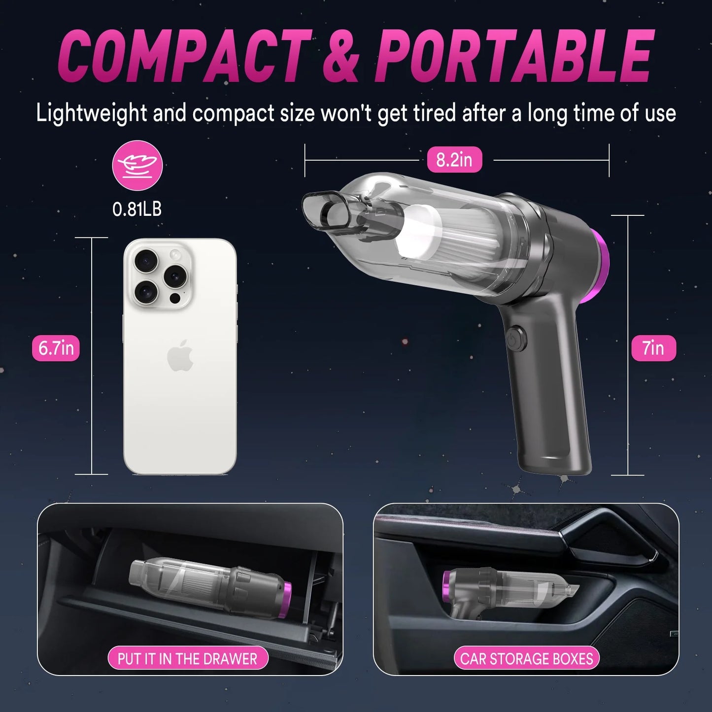 Car Vacuum Cleaner, 16000PA Portable Handheld Vacuum Cordless, with Brushless Motor, Grey