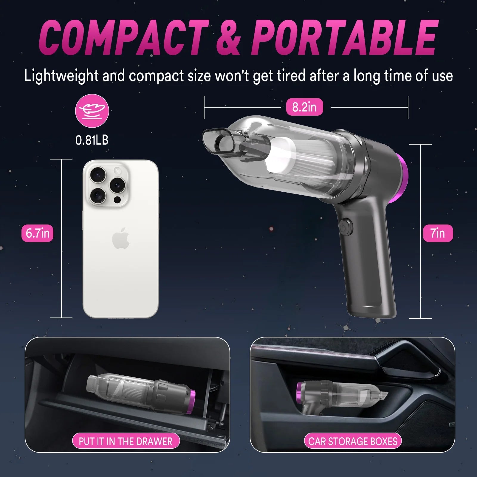 Car Vacuum Cleaner, 16000PA Portable Handheld Vacuum Cordless, with Brushless Motor, Grey