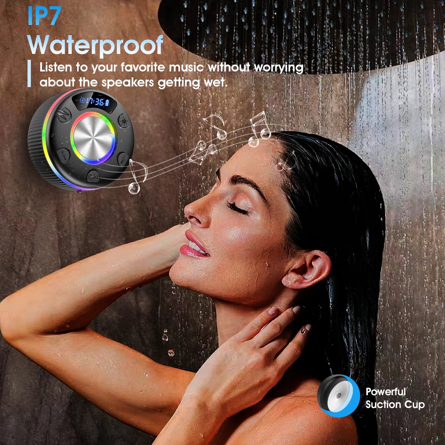 Bluetooth Shower Speaker, Portable Bluetooth 5.3 Speakers Wireless with Time Display, IP7 Waterproof, RGB Lights, Suction Cup, Mini Speaker for Bathroom Party Outdoor, Black
